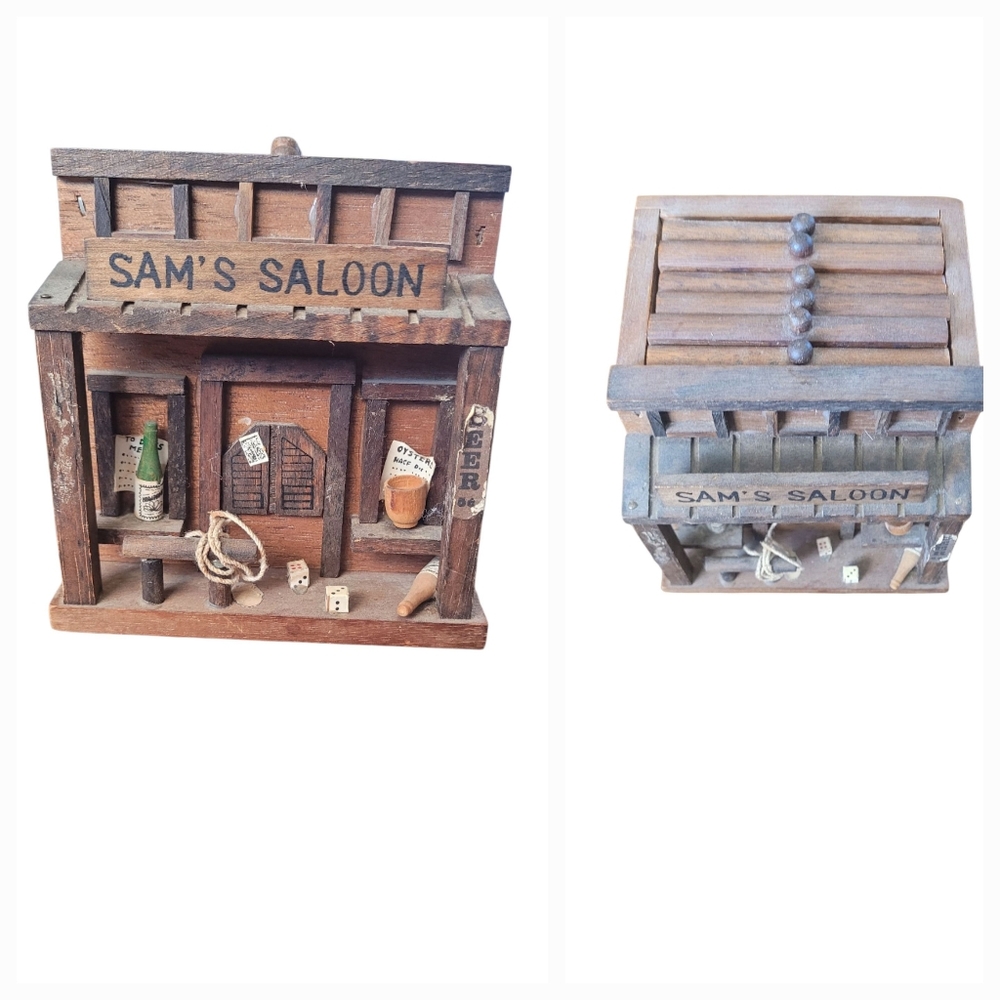 Rustic Wooden Sam's Saloon Coaster Set